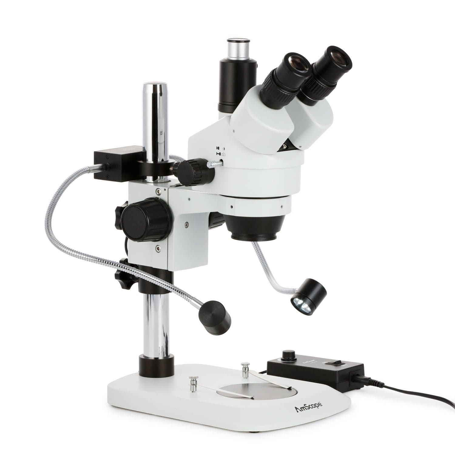 AmScope SM-1 Series Industrial Inspection Zoom Trinocular Stereo Microscope 7X-45X Magnification w/8W LED Dual Gooseneck Illuminator + Optional Digital Camera on Pillar Stand with Small Base