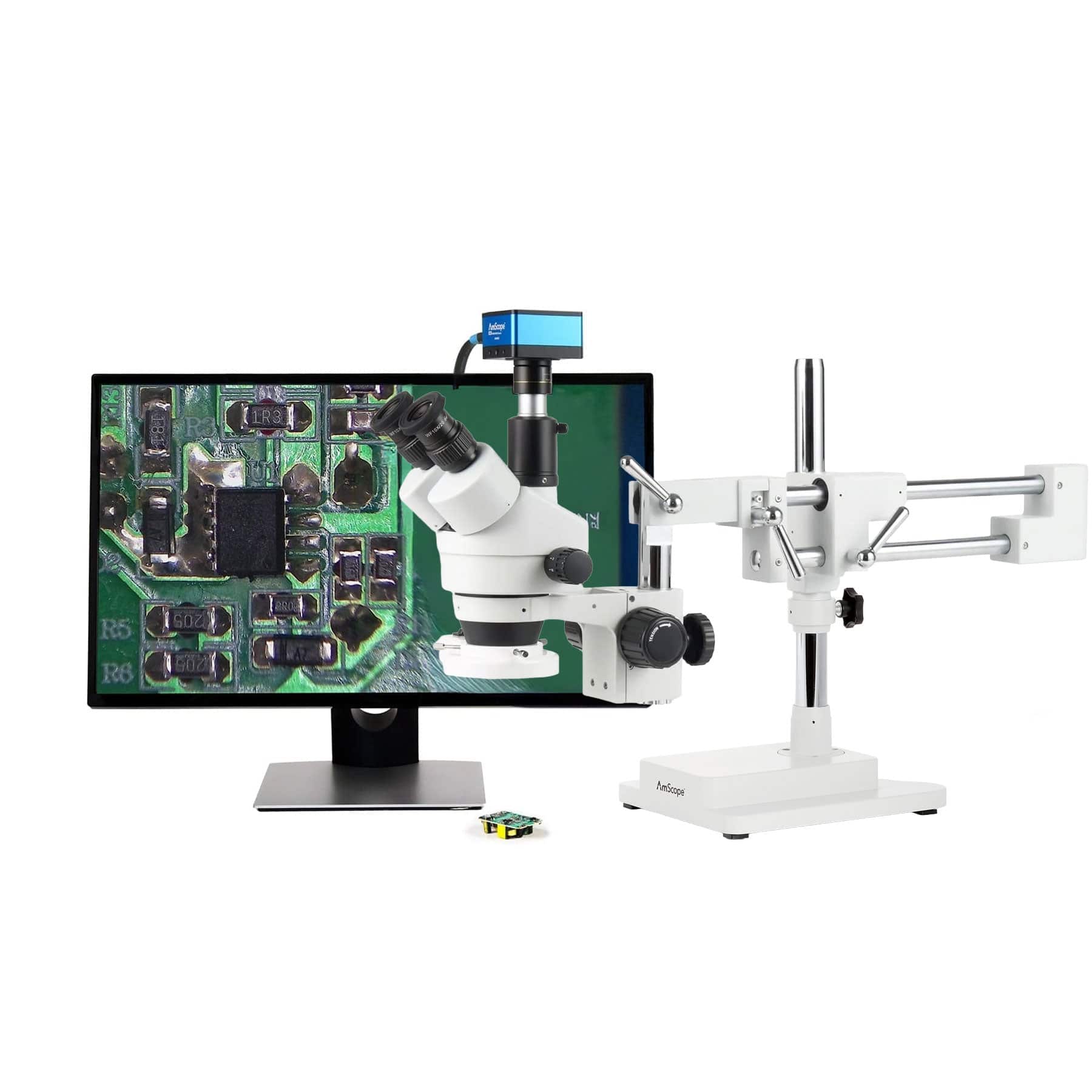 AmScope Zoom Trinocular Stereo Microscope 7X-45X Magnification Range, SM-4 Series on Double Arm Boom Stand + 8W Fluorescent Ring Light + Optional 4K Camera