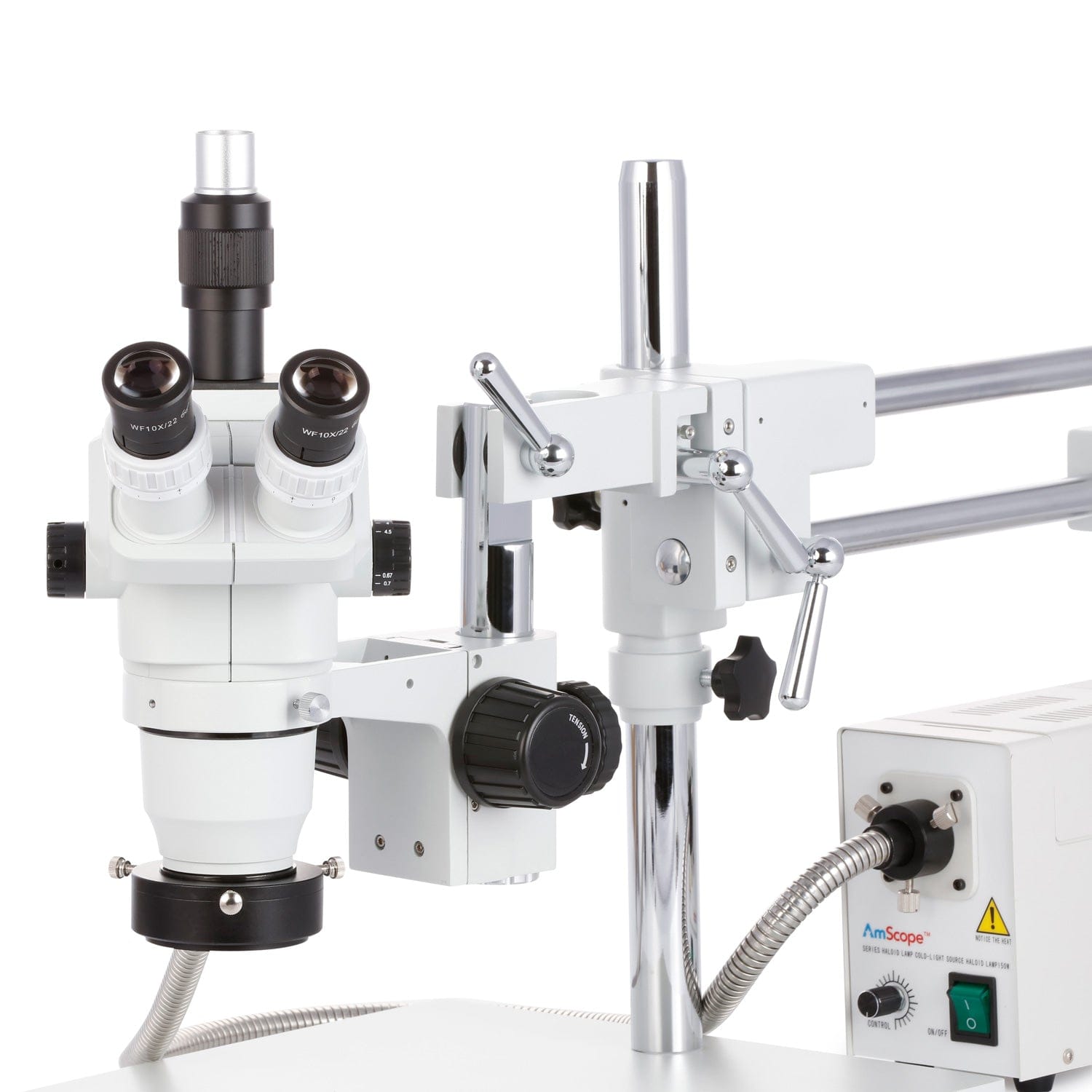 AmScope ZM-4 Series Advanced Trinocular Stereo Microscope 2X-225X Magnification on Double Arm Boom Stand with Fiber Optic Ring Light