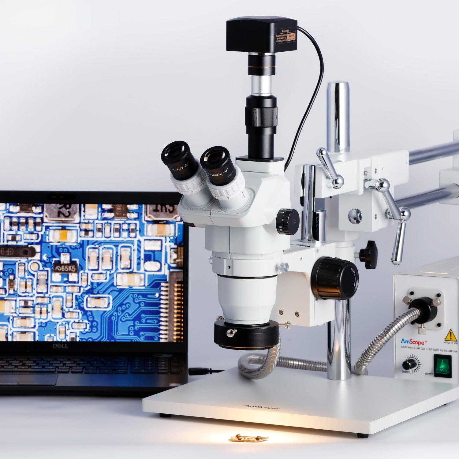 AmScope ZM-4 Series Advanced Trinocular Stereo Microscope 2X-225X Magnification on Double Arm Boom Stand with Fiber Optic Ring Light