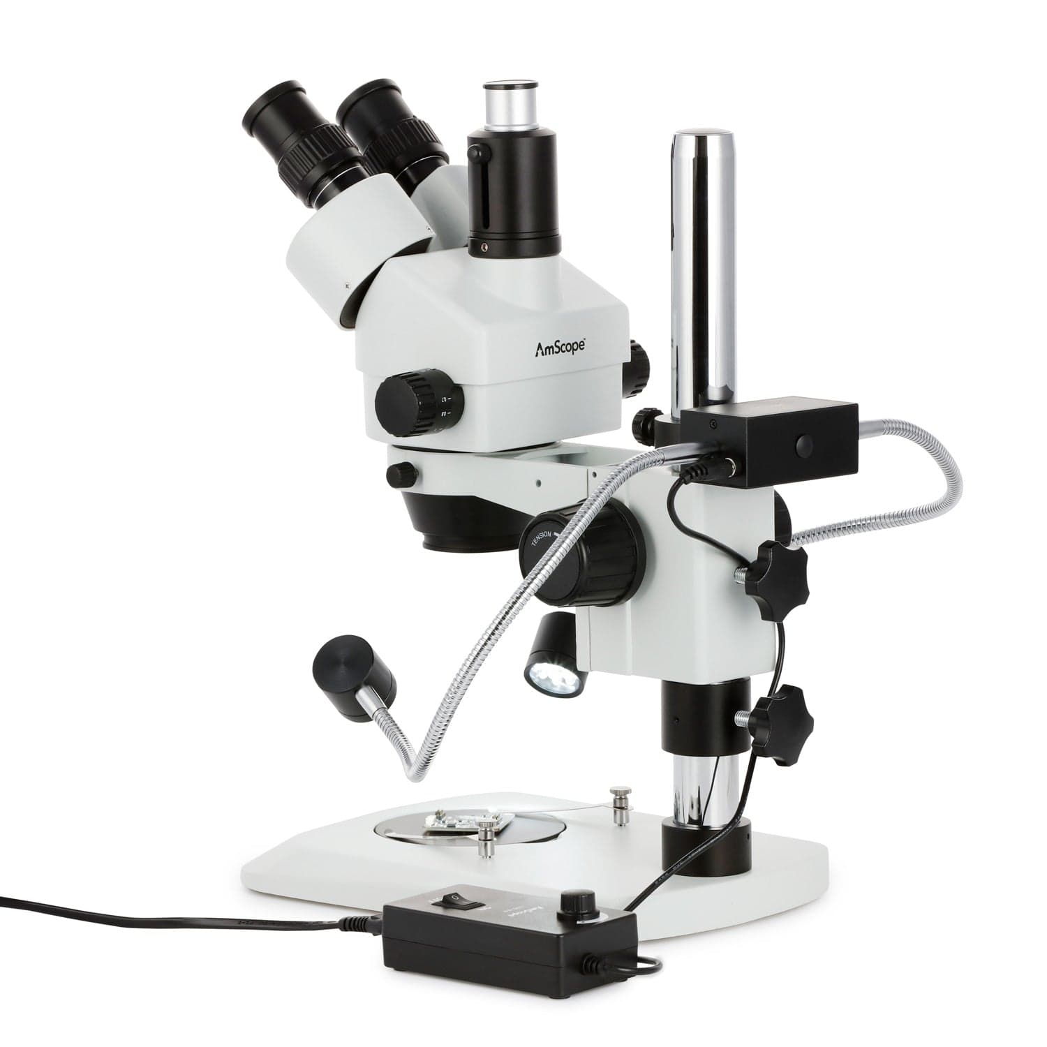 AmScope SM-1 Series Industrial Inspection Zoom Trinocular Stereo Microscope 7X-45X Magnification w/8W LED Dual Gooseneck Illuminator + Optional Digital Camera on Pillar Stand with Small Base