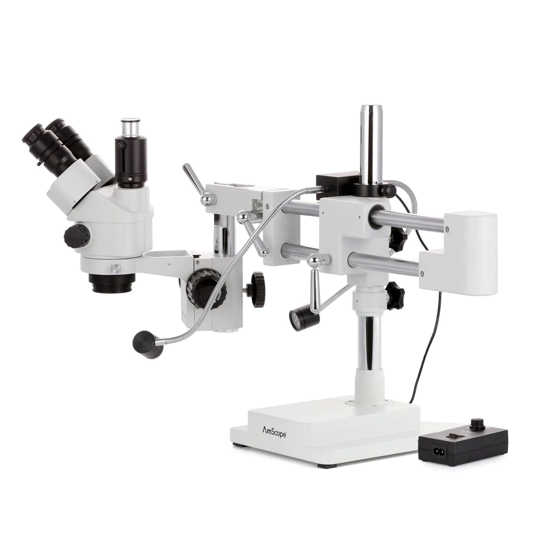 AmScope SM-4NT Series Trinocular Simul-Focal Lockable Zoom Stereo Microscope 7X-45X w/8W LED Dual Gooseneck Illuminator and Optional Digital Camera on Double Arm Boom Stand