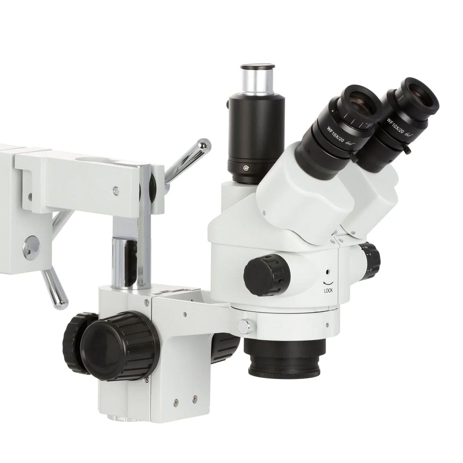 AmScope SM-4T Series Simul-Focal Lockable Trinocular Zoom Stereo Microscope with Optional Digital Camera on Double Arm Boom Stand