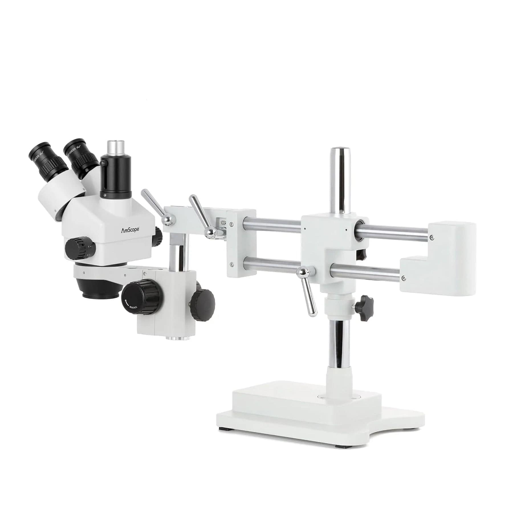 AmScope SM-4T Series Simul-Focal Lockable Trinocular Zoom Stereo Microscope with Optional Digital Camera on Double Arm Boom Stand