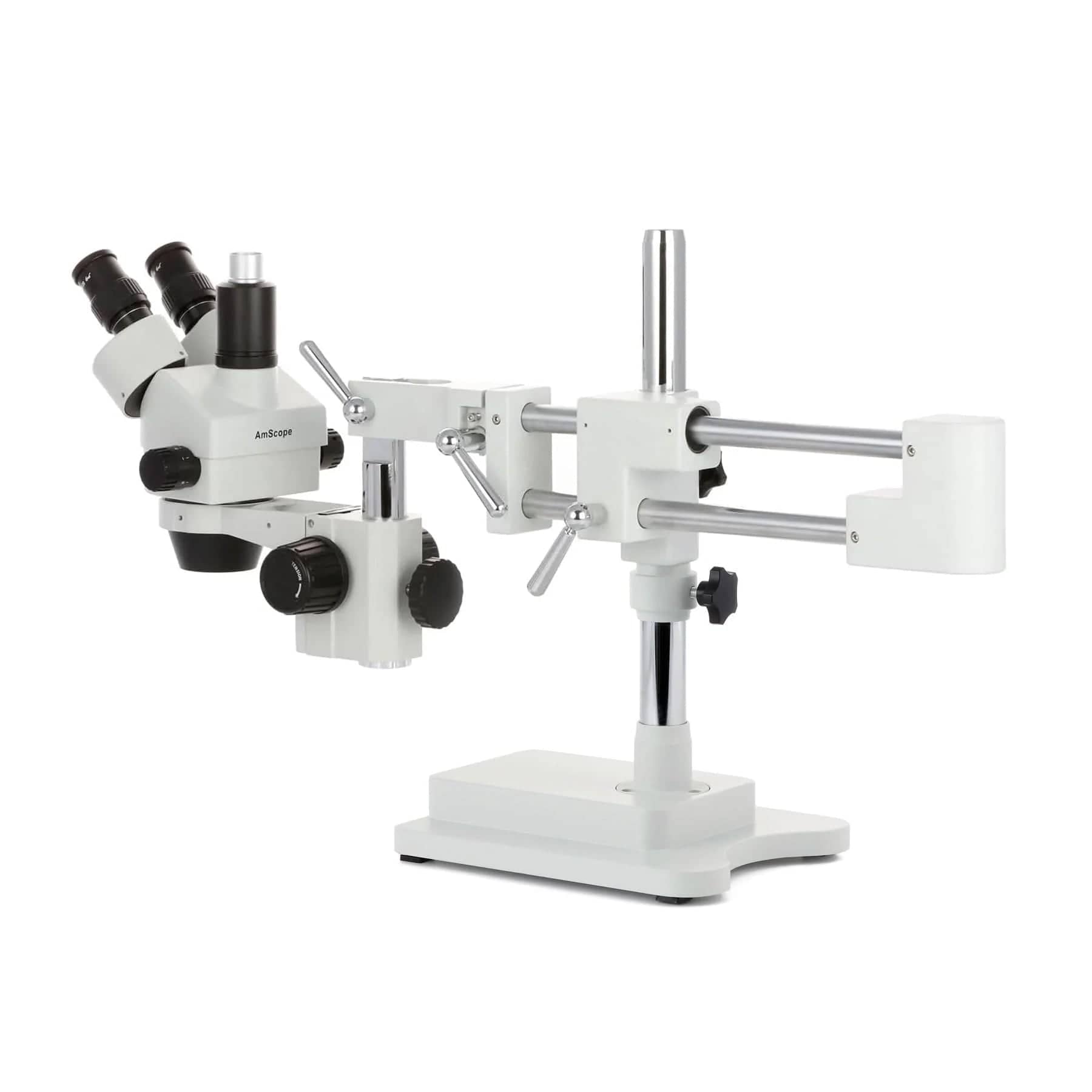 AmScope SM-4 Series Simul-Focal Zoom Trinocular Stereo Microscope with Optional Digital Camera on Double Arm Boom Stand