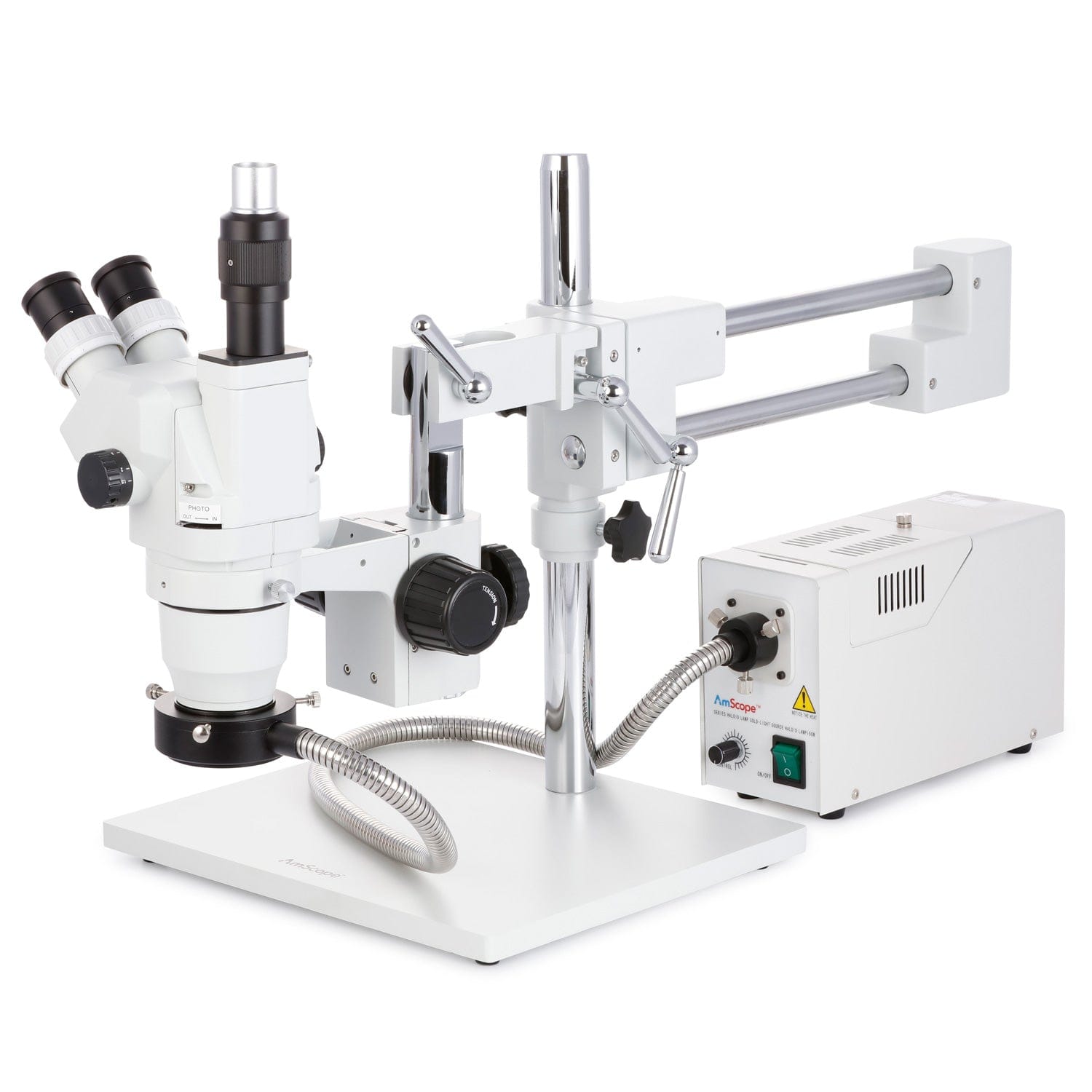 AmScope ZM-4 Series Advanced Trinocular Stereo Microscope 2X-225X Magnification on Double Arm Boom Stand with Fiber Optic Ring Light