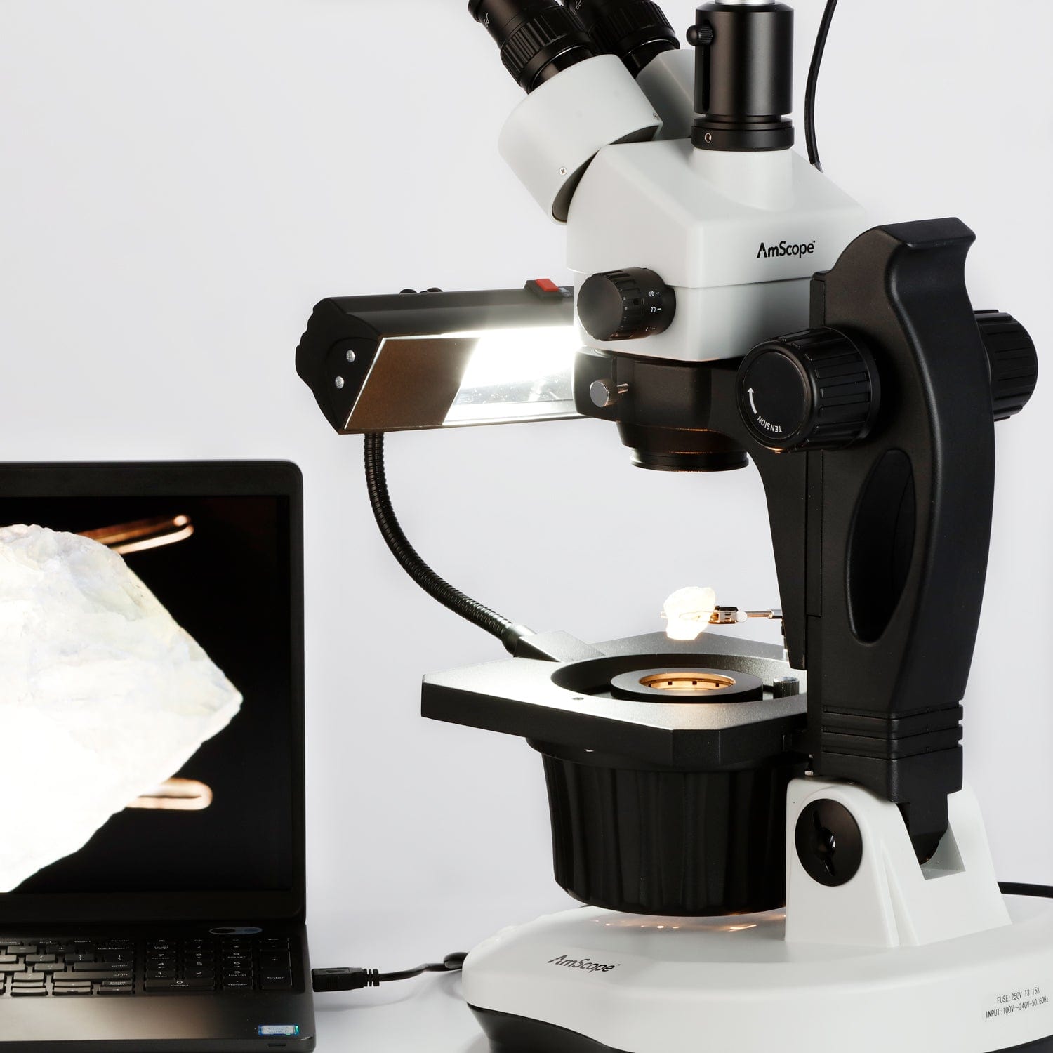 AmScope GM400 Series Advanced Jewel Gem Zoom Trinocular Stereo Microscope 3.5X-90X Magnification on Track Stand