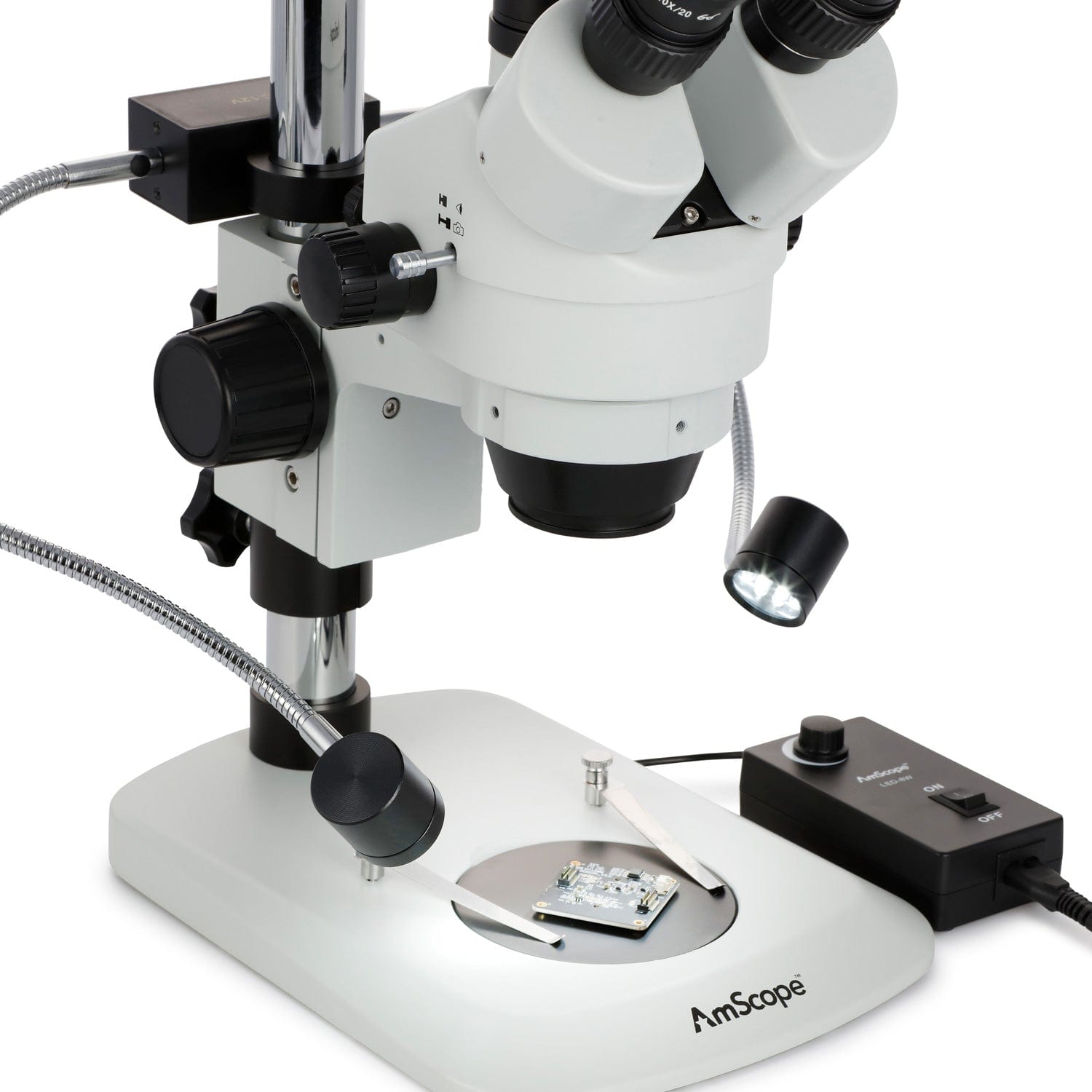 AmScope SM-1 Series Industrial Inspection Zoom Trinocular Stereo Microscope 7X-45X Magnification w/8W LED Dual Gooseneck Illuminator + Optional Digital Camera on Pillar Stand with Small Base