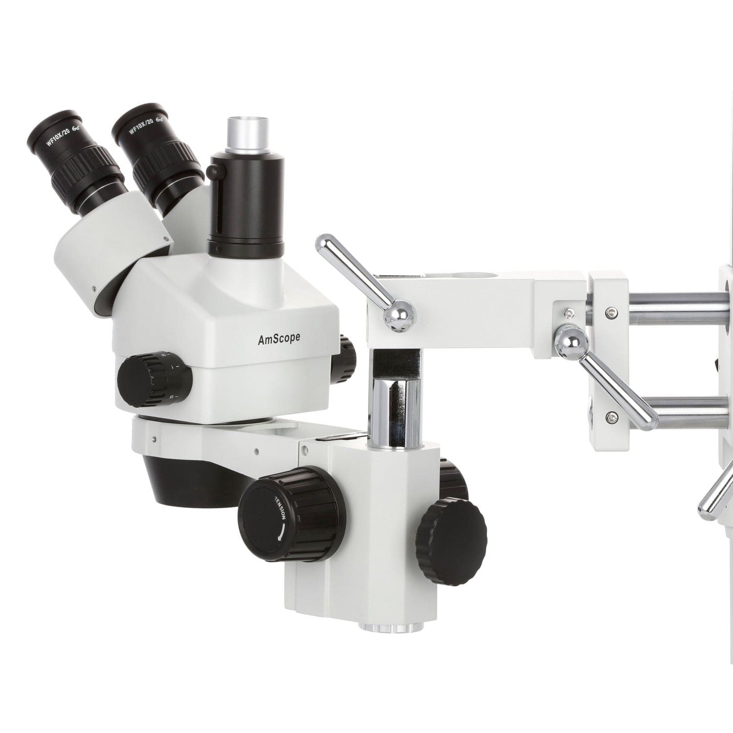 AmScope SM-4 Series Simul-Focal Zoom Trinocular Stereo Microscope with Optional Digital Camera on Double Arm Boom Stand