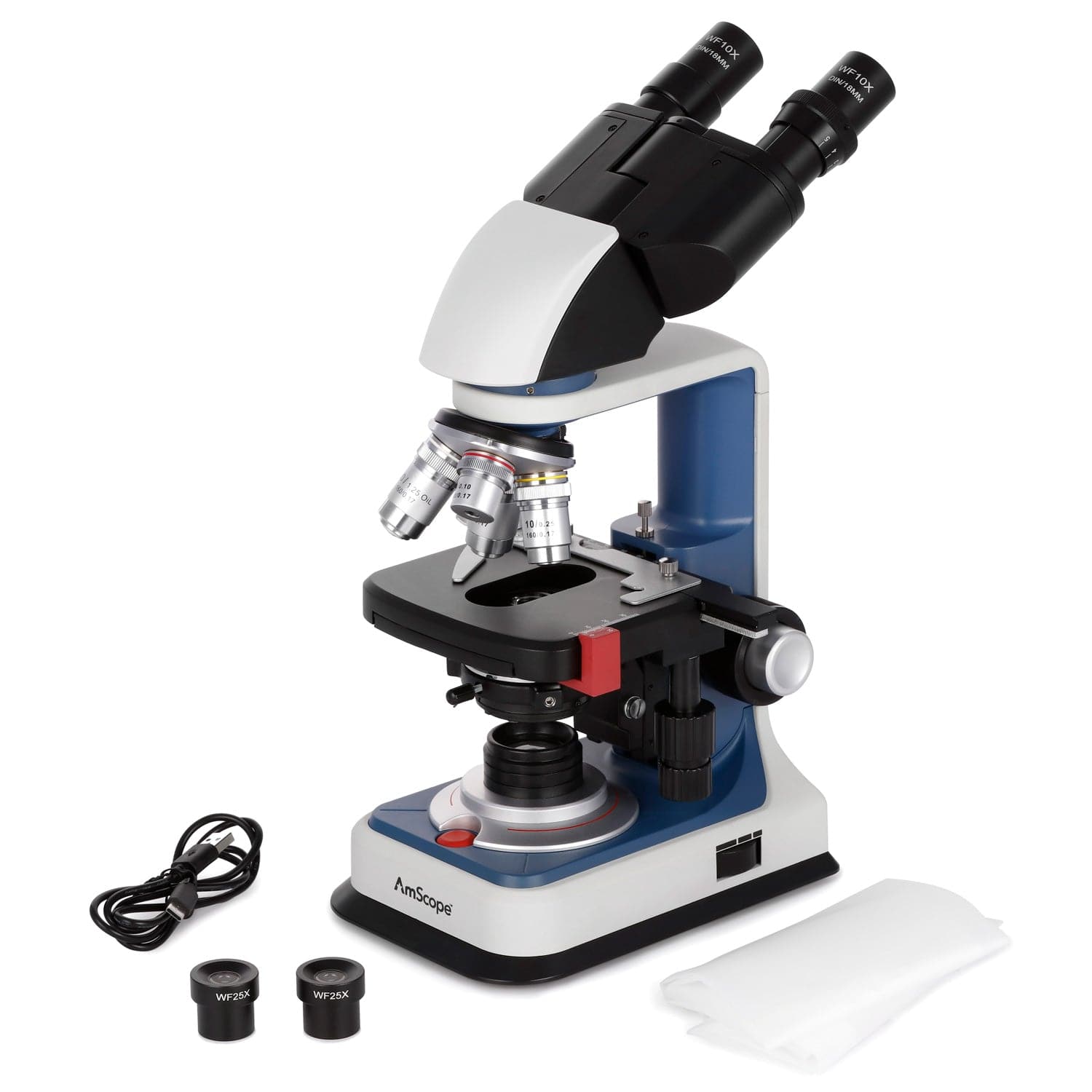 AmScope B120C-R Series USB-C Rechargeable Student Binocular Compound Microscope 40X-2500X Magnification with 3D Two-Layer Mechanical Stage, Achromatic Objectives, & LED illuminator + Optional Camera