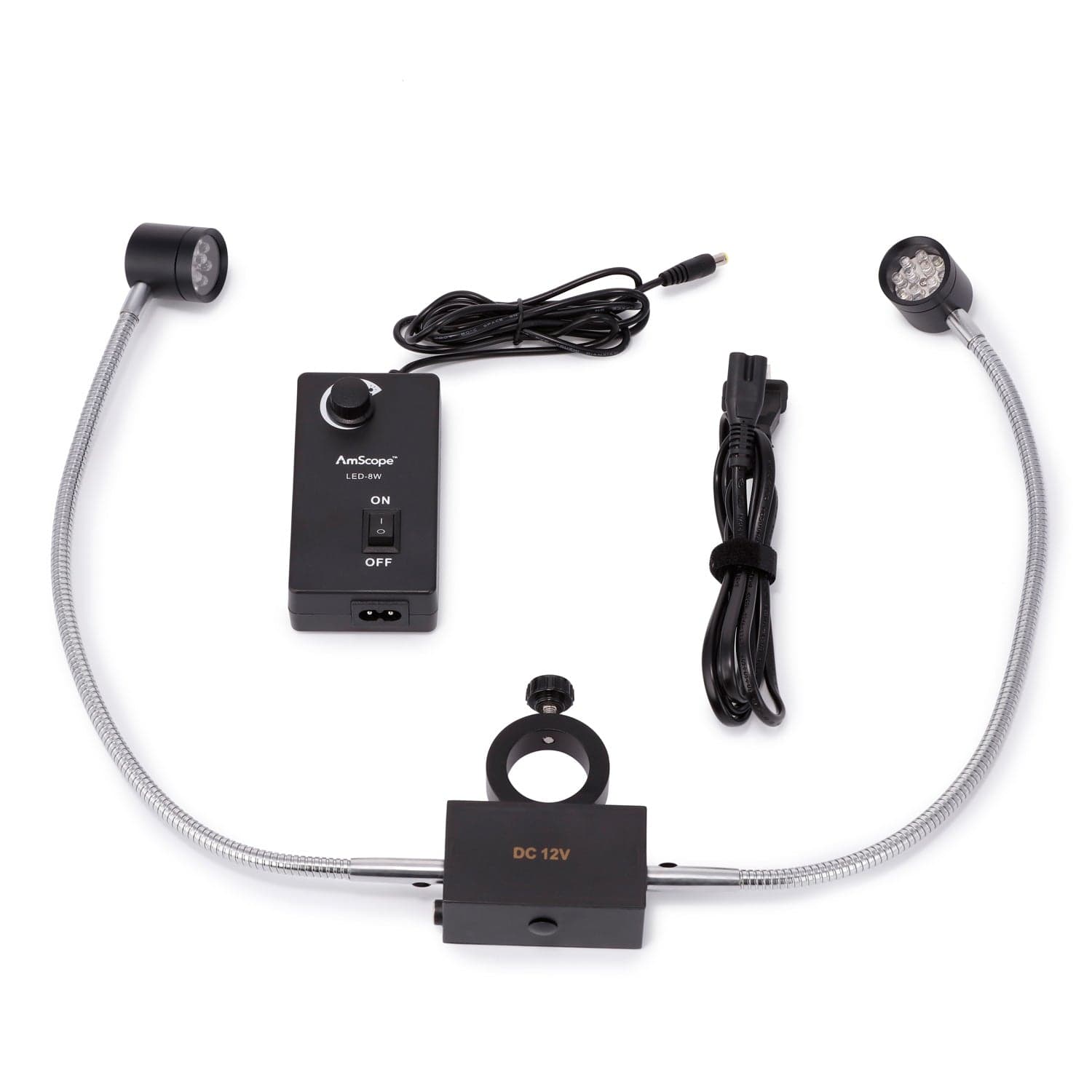 AmScope 8W LED Pillar Clamp Dual Gooseneck Illuminator for Stereo Microscopes