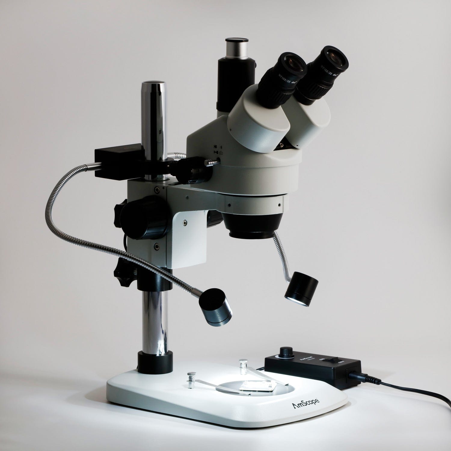 AmScope SM-1 Series Industrial Inspection Zoom Trinocular Stereo Microscope 7X-45X Magnification w/8W LED Dual Gooseneck Illuminator + Optional Digital Camera on Pillar Stand with Small Base