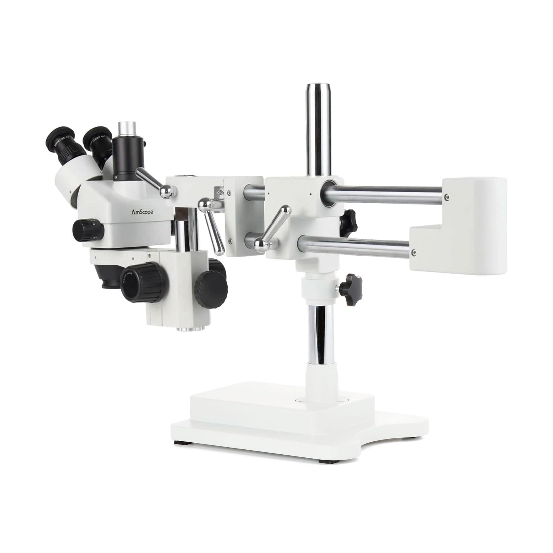 AmScope Zoom Trinocular Stereo Microscope 7X-45X Magnification Range, SM-4 Series on Double Arm Boom Stand + 8W Fluorescent Ring Light + Optional 4K Camera