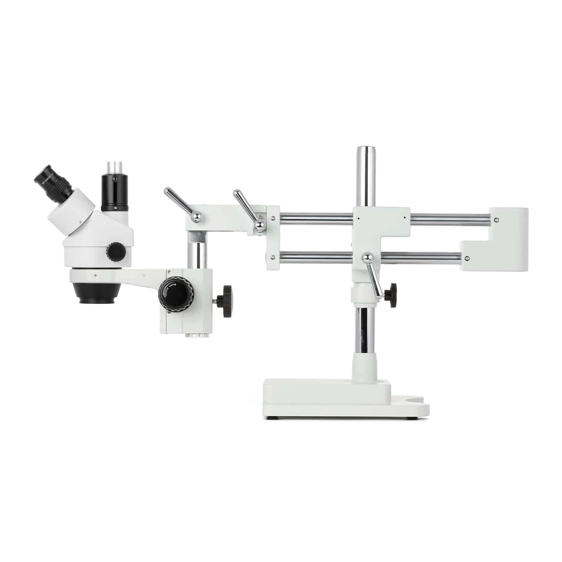 AmScope SM-4T Series Simul-Focal Lockable Trinocular Zoom Stereo Microscope with Optional Digital Camera on Double Arm Boom Stand