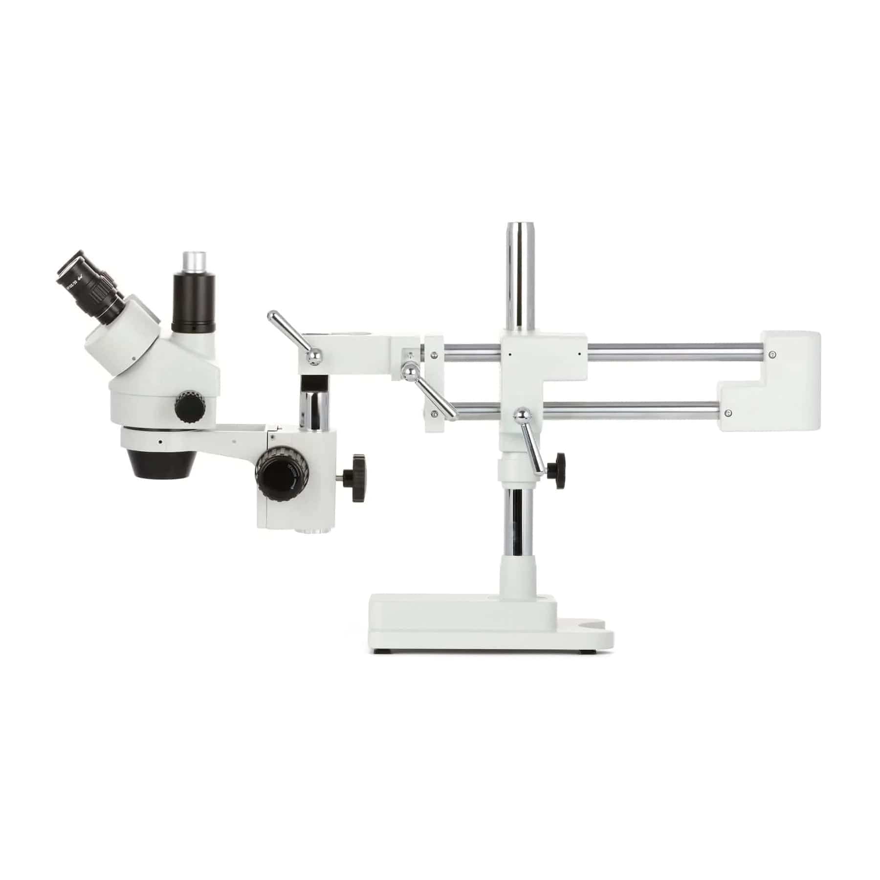 AmScope SM-4 Series Simul-Focal Zoom Trinocular Stereo Microscope with Optional Digital Camera on Double Arm Boom Stand