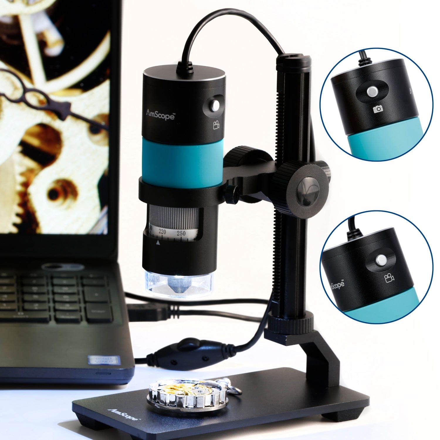 AmScope HHD Series Professional Handheld Digital USB Microscopes with 10X-280X Magnification, LED Ring Illuminator, and Table Stand + Optional Polarizer