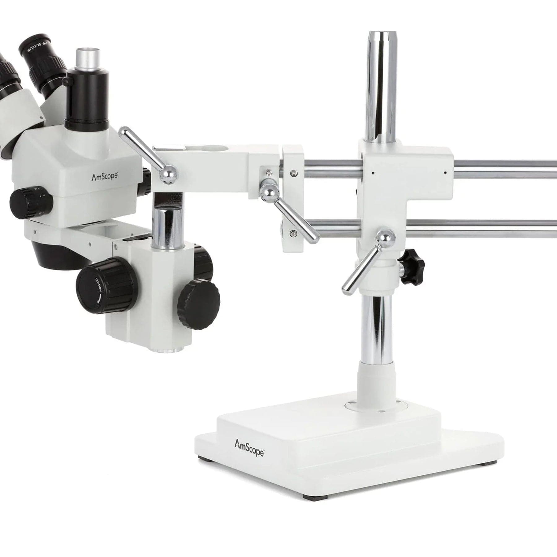 AmScope SM-4 Series Simul-Focal Zoom Trinocular Stereo Microscope with Optional Digital Camera on Double Arm Boom Stand