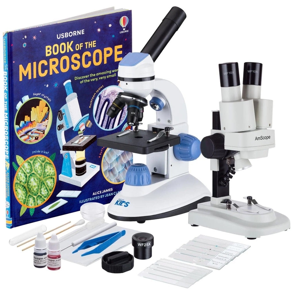 IQCrew By AmScope 20X Stereo Microscope and 1000X Compound Microscope for Kids and Students with Slide Prep Kit and Book