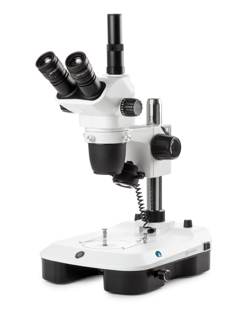 NexiusZoom EVO 6.5X-55X Trinocular High-Precision Stereo Zoom Microscope on Pillar Stand w/3W LED Incident & Transmitted Illumination with Rotating Mirror for Embryo