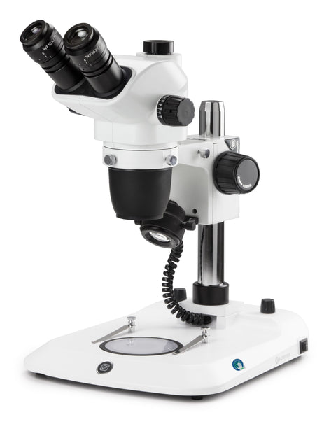 NexiusZoom EVO 6.5X-55X Trinocular High-Precision Stereo Zoom Microscope on Pillar Stand w/3W LED Incident & Transmitted Illumination
