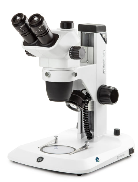 NexiusZoom EVO 6.5X-55X Trinocular High-Precision Stereo Zoom Microscope on Rack & Pinion Stand w/3W LED Incident & Transmitted Illumination