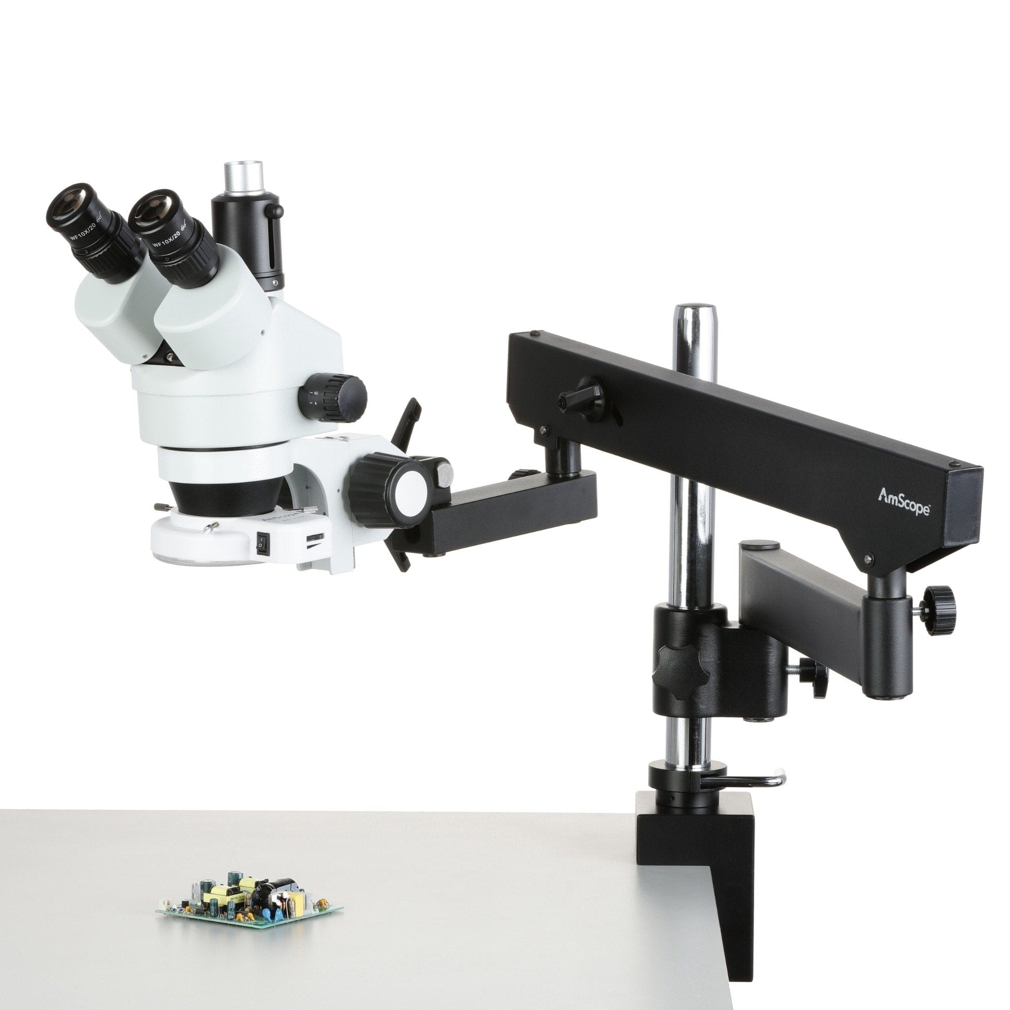 AmScope SM-8TW2-144S Trinocular Stereo Microscope and LED Light Source on a Articulating Arm with Pillar Stand and Clamp