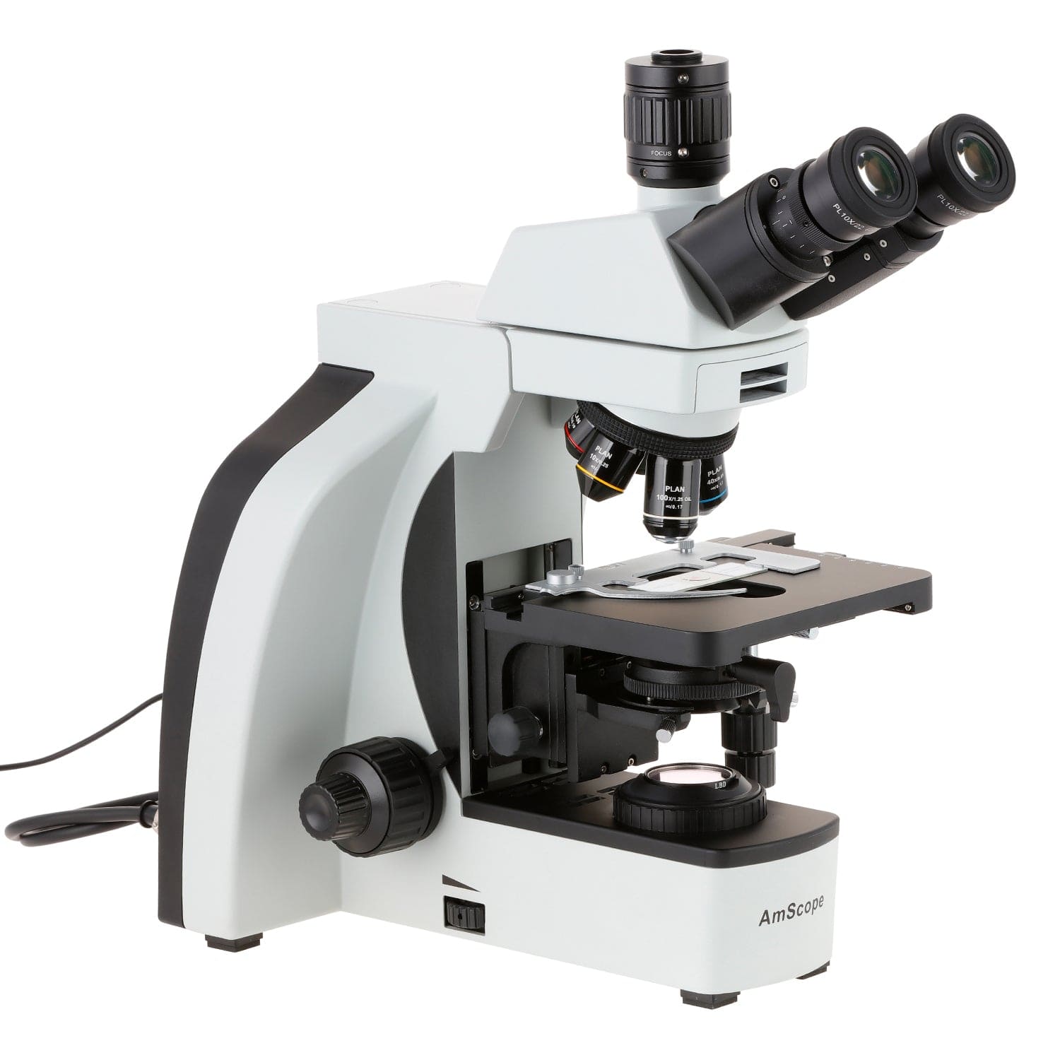 AmScope T800 Series Dual Illumination Infinity-Corrected Plan 3W LED Trinocular Compound Microscope with Optional Actively Cooled Digital Camera and 3D mechanical Stage