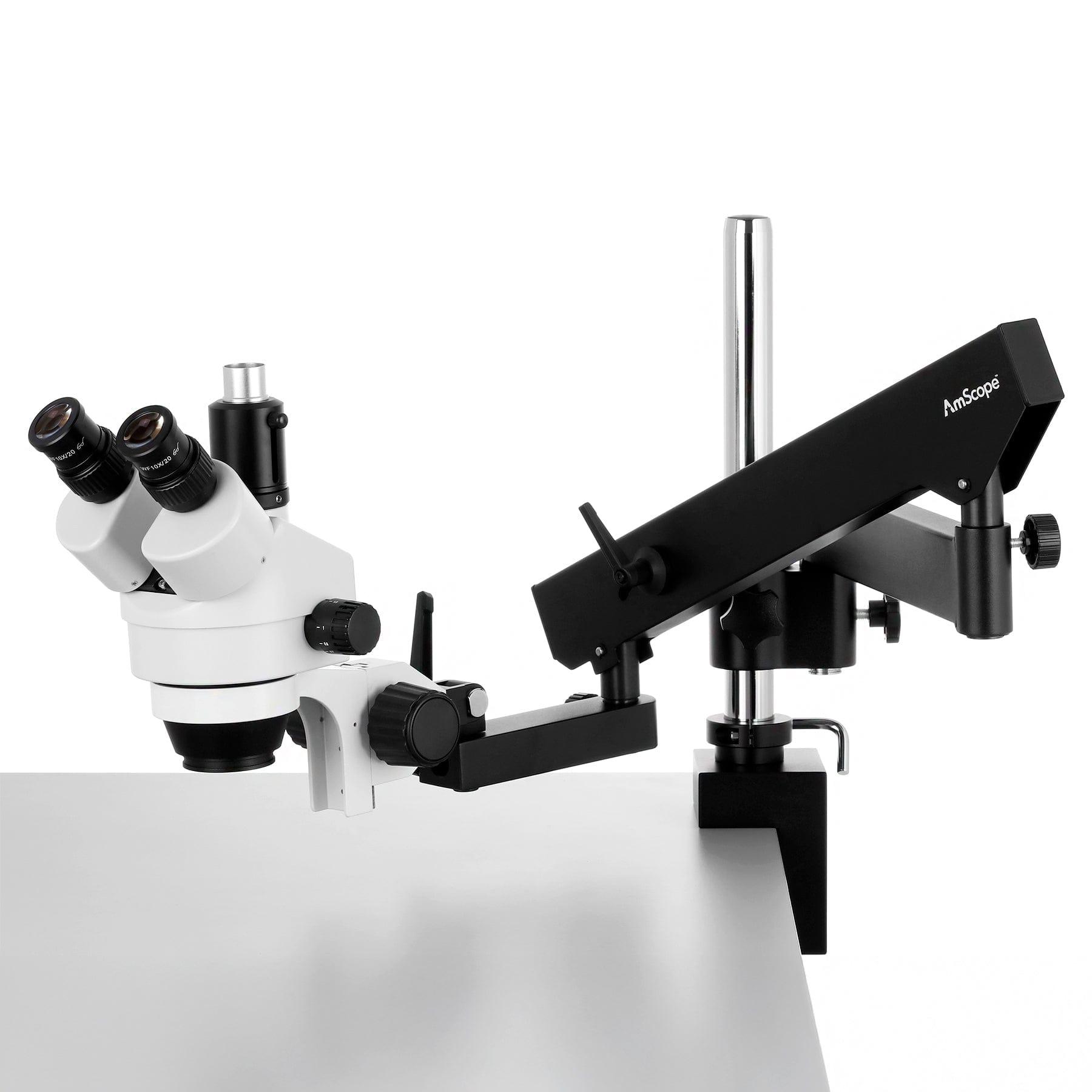 AmScope SM-8TW2-144S Trinocular Stereo Microscope and LED Light Source on a Articulating Arm with Pillar Stand and Clamp