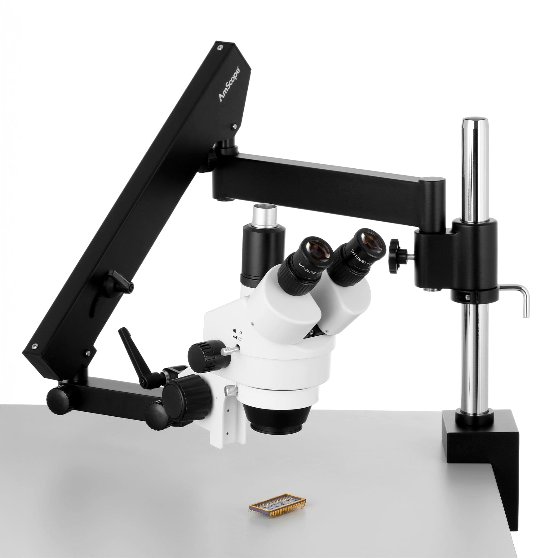 AmScope SM-8TW2-144S Trinocular Stereo Microscope and LED Light Source on a Articulating Arm with Pillar Stand and Clamp