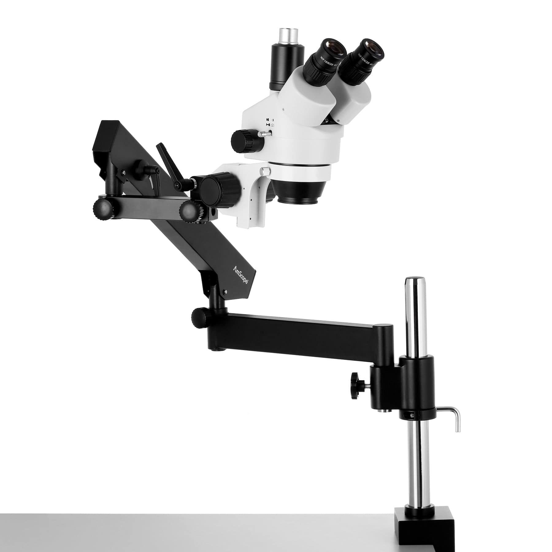 AmScope SM-8TW2-144S Trinocular Stereo Microscope and LED Light Source on a Articulating Arm with Pillar Stand and Clamp