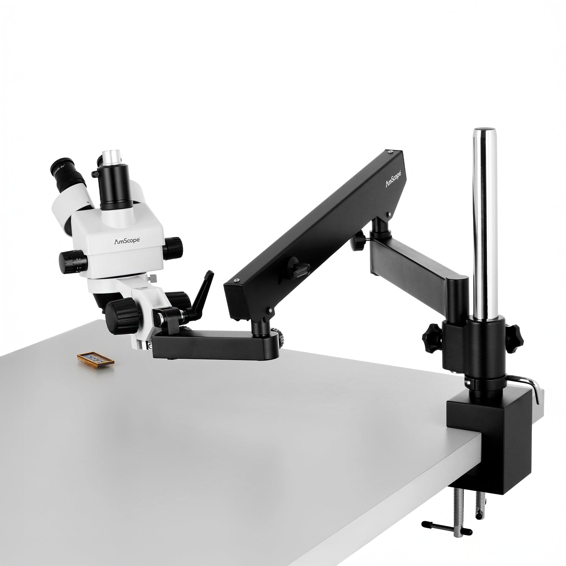 AmScope SM-8TW2-144S Trinocular Stereo Microscope and LED Light Source on a Articulating Arm with Pillar Stand and Clamp