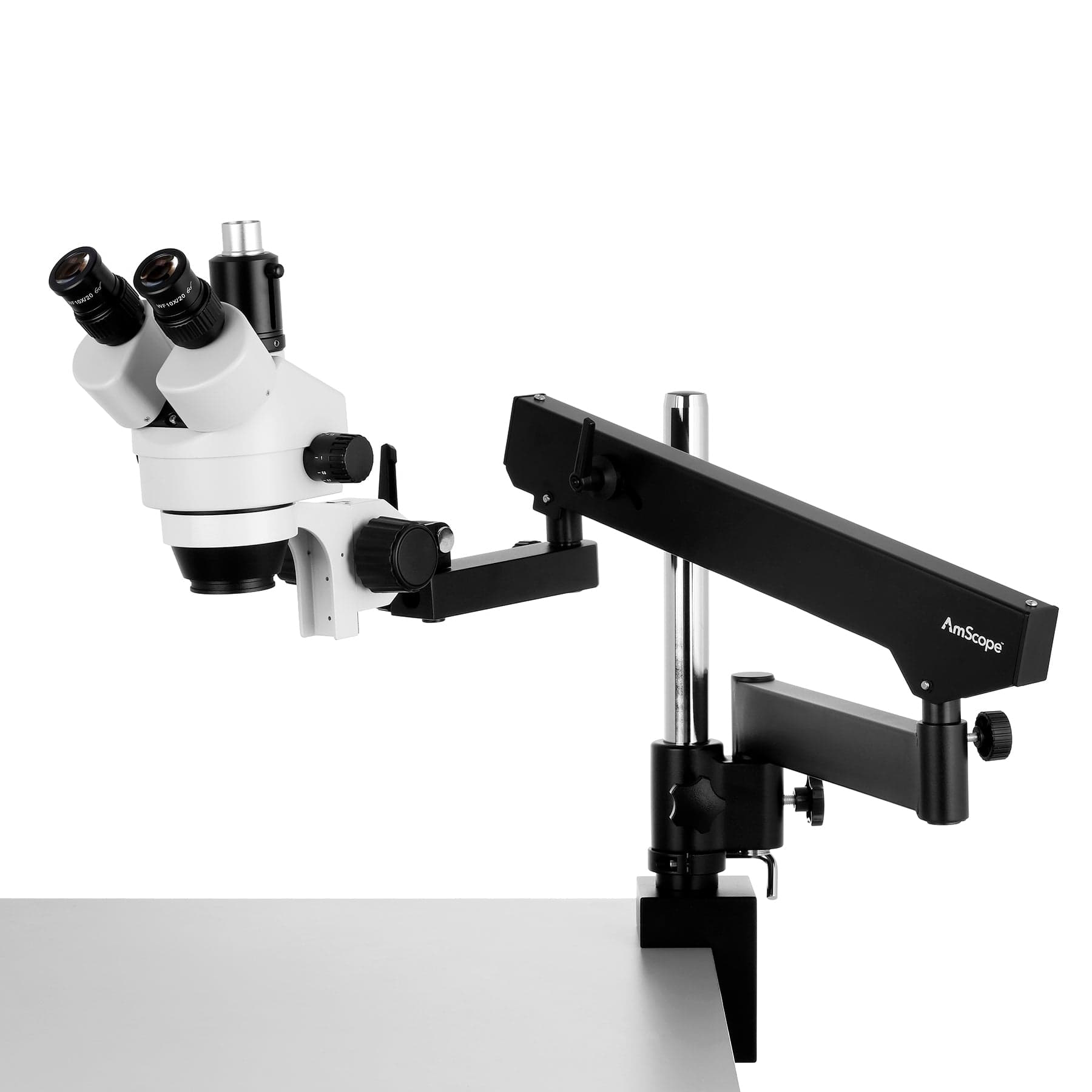 AmScope SM-8TW2-144S Trinocular Stereo Microscope and LED Light Source on a Articulating Arm with Pillar Stand and Clamp