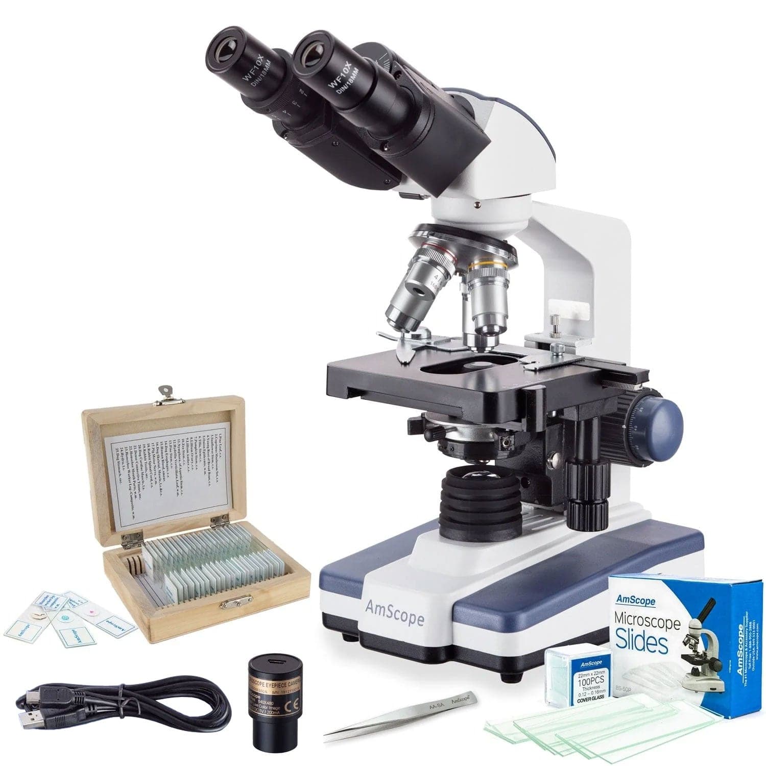 AmScope VB-B120C-STR Digital Enabled Binocular Biological Microscope Digital Eyepiece with 2500X Magnification LED includes a USB 2.0 1MP Camera