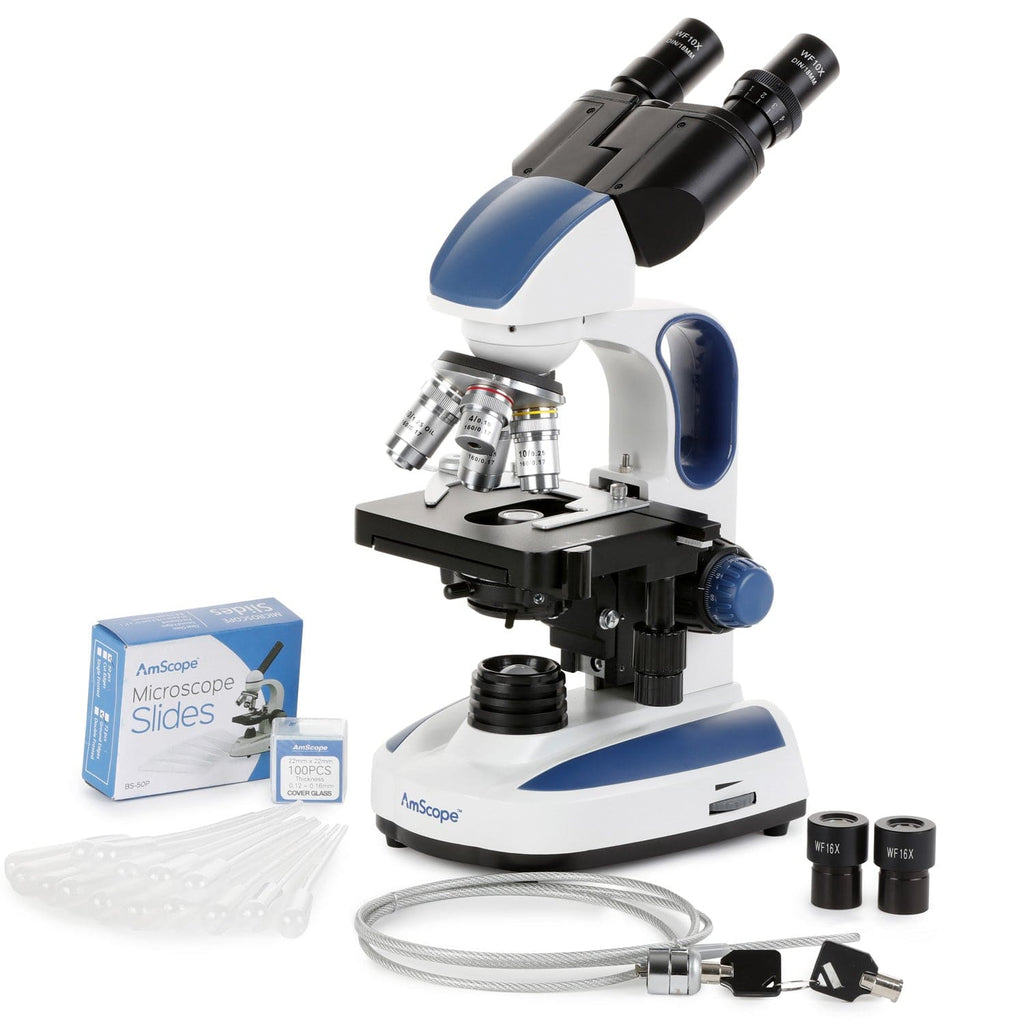AmScope B270 Series Advanced Student & Professional Binocular Compound Microscope w/ Ergonomic Design, Microbe Resistant Coating, Optional Digital Camera, one set of 50 pack blank slides, 100 pack cover slips and 25 transfer pipettes