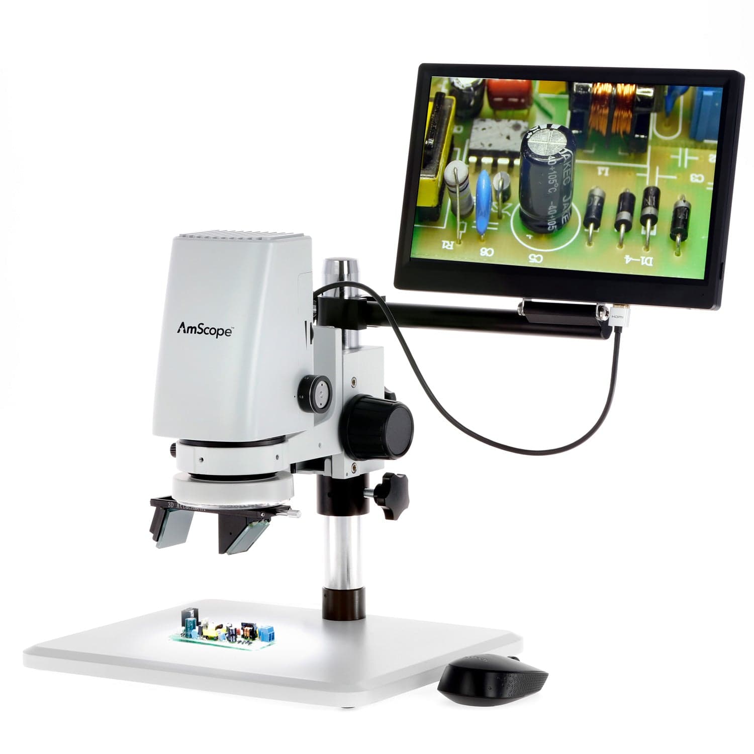 AmScope DM750-2MP-HDM11-3DR Zoom Tabletop Video Inspection Digital Microscope System 5X Magnification on Pillar Stand with 11.6