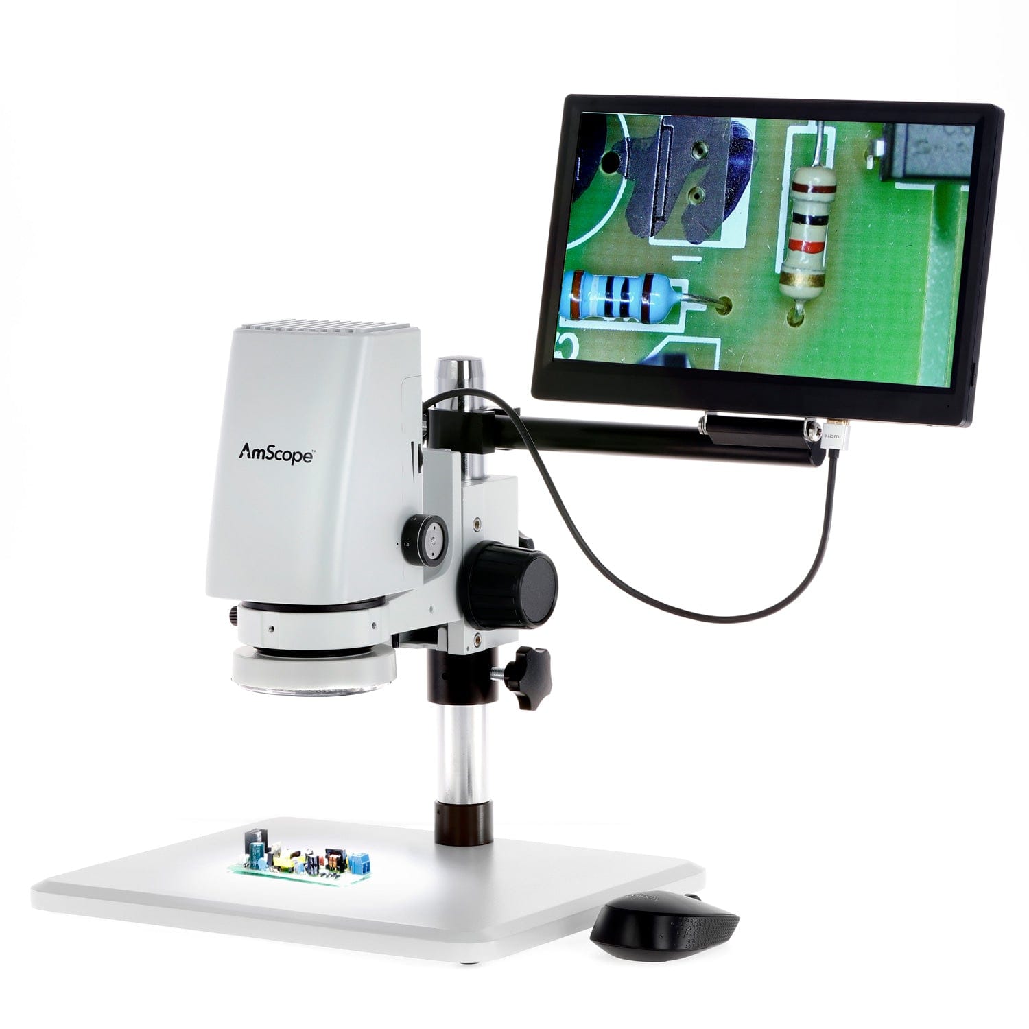 AmScope DM750-2MP-HDM11 Zoom Tabletop Video Inspection Digital Microscope System 5X Magnification on Pillar Stand with 11.6" Monitor