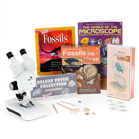 Fossil Discoverer Series Set featuring Deluxe All-In-One Stereo Microscope, Fossil Dig Kit, 18-Piece Premium Fossil Specimens and more