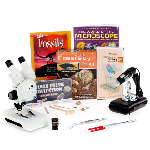 Fossil Explorer Series Set featuring Deluxe All-In-One Stereo Microscope, Fossil Dig Kit, 18-Piece Premium Fossil Specimens and more