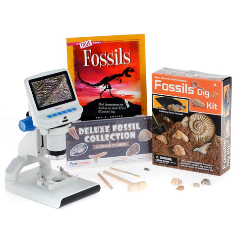 Fossil Adventurer  Series featuring 1080P HD Portable LCD Digital Color Microscope, Fossil Dig Kit, 18-Piece Premium Fossil Specimens and more