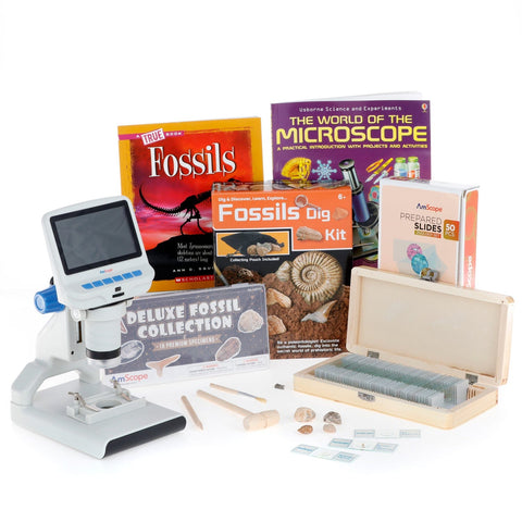 Fossil Discoverer Series Set featuring 1080P HD Portable LCD Digital Color Microscope, Fossil Dig Kit, 18-Piece Premium Fossil Specimens and more
