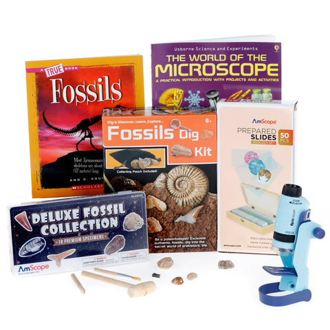 Fossil Discoverer Series Set featuring 60X-120X Portable LED Handheld Microscope, Fossil Dig Kit, 18-Piece Premium Fossil Specimens and more