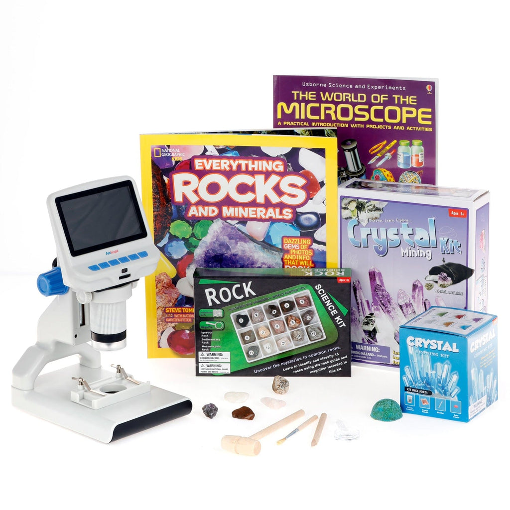 AmScope Kid's Natural Gemstone Discoverer Series Set featuring 1080P HD Portable LCD Digital Color Microscope, Ultimate Natural Gemstone Activity Set and more