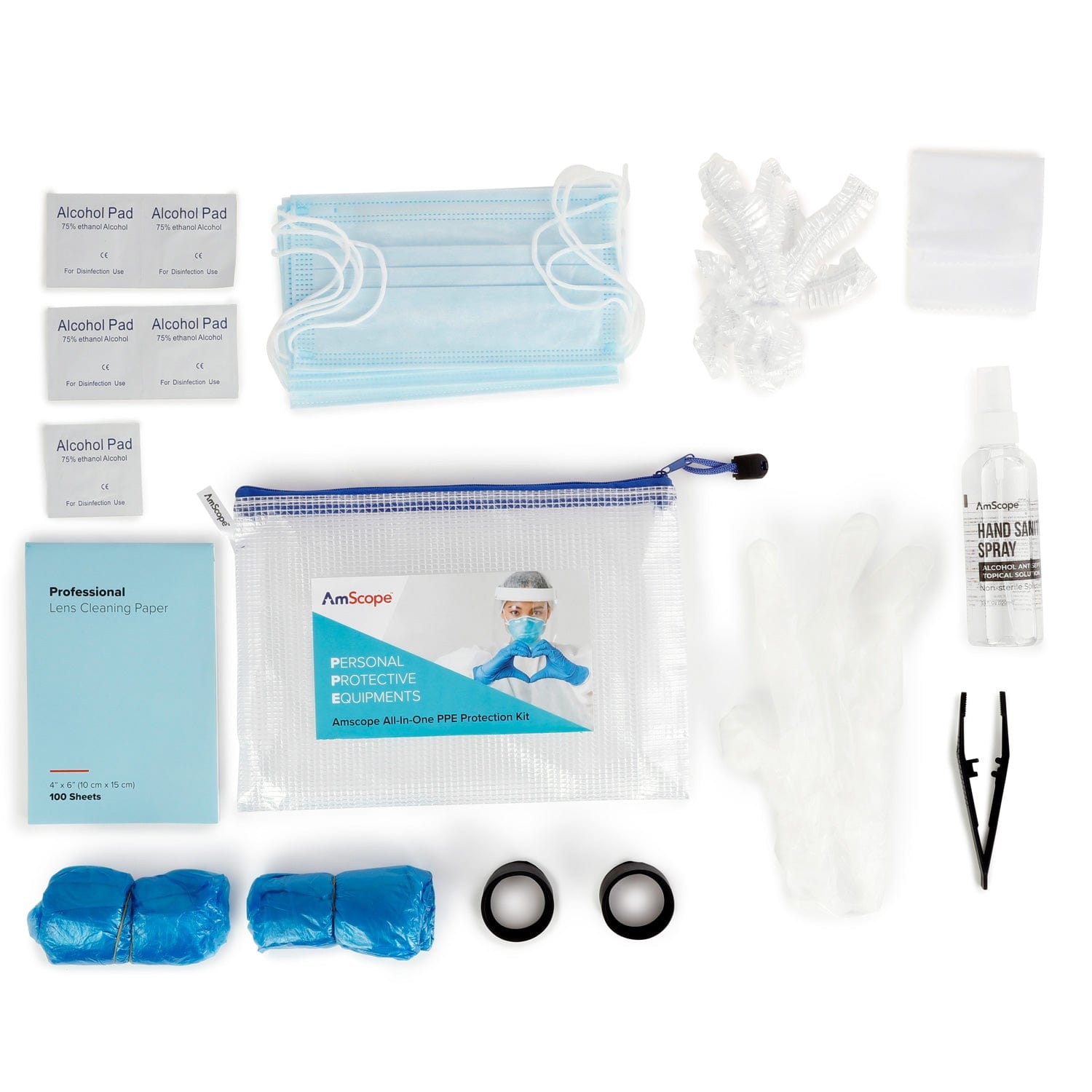 AmScope Multifunctional All-in-one 50+piece Personal Protection Equipment Kit for Business, Travel, Office and Home
