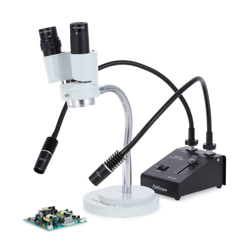 Compact Binocular Stereo Microscope on Gooseneck Stand + Dual LED Gooseneck Illuminator