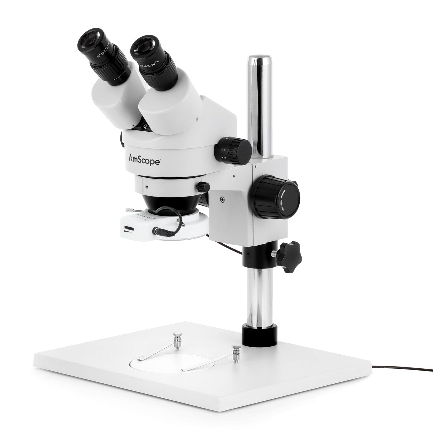 AmScope SM-1 Series Zoom Binocular Stereo Microscope with 144 LED Compact Ring Light on Pillar-stand with Large Base and Optional Digital Camera