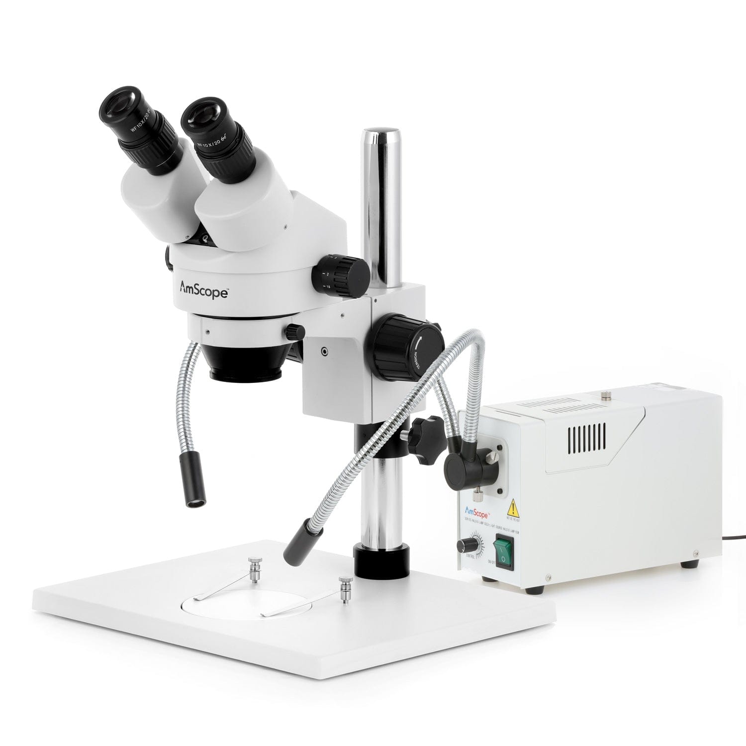AmScope SM-1 Series Zoom Binocular Stereo Microscope with 150W Halogen Dual Gooseneck Lights on Pillar-stand with Large Base and Optional Digital Camera