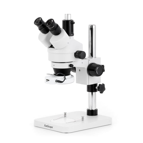 Trinocular Stereo Zoom Microscope w/144 LED Compact Ring Light and Optional Digital Camera on Pillar Stand