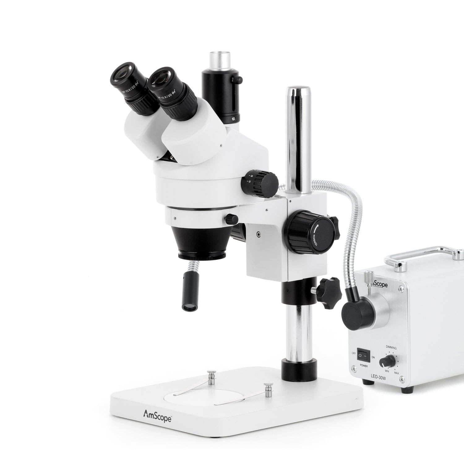 AmScope SM-1 Series Zoom Trinocular Stereo Microscope with 30W LED Single Fiber Optic Gooseneck Light and Optional Digital Camera on Pillar Stand