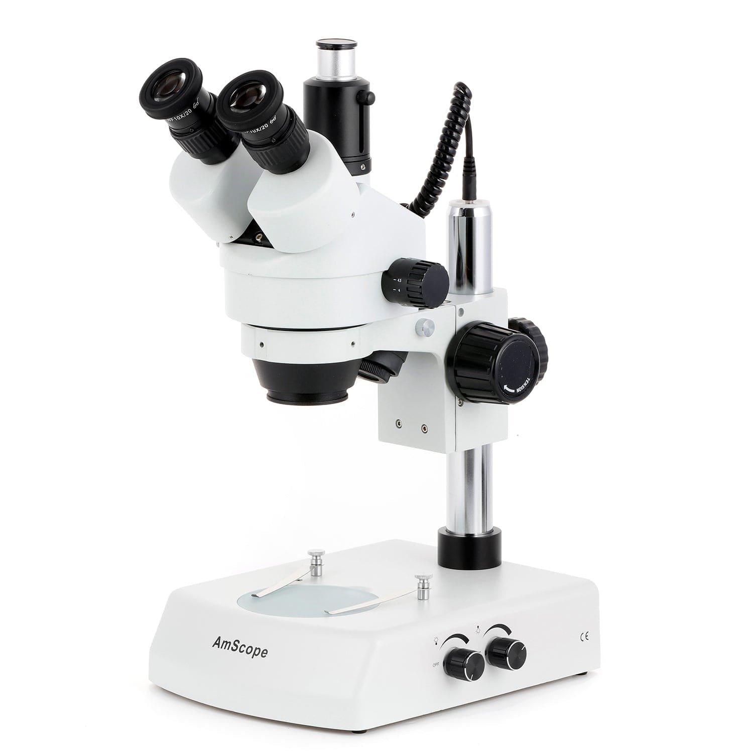 AmScope SM-2 Series Zoom Trinocular Stereo Microscope on Pillar Stand with Dual Halogen Lights and Optional Digital Camera