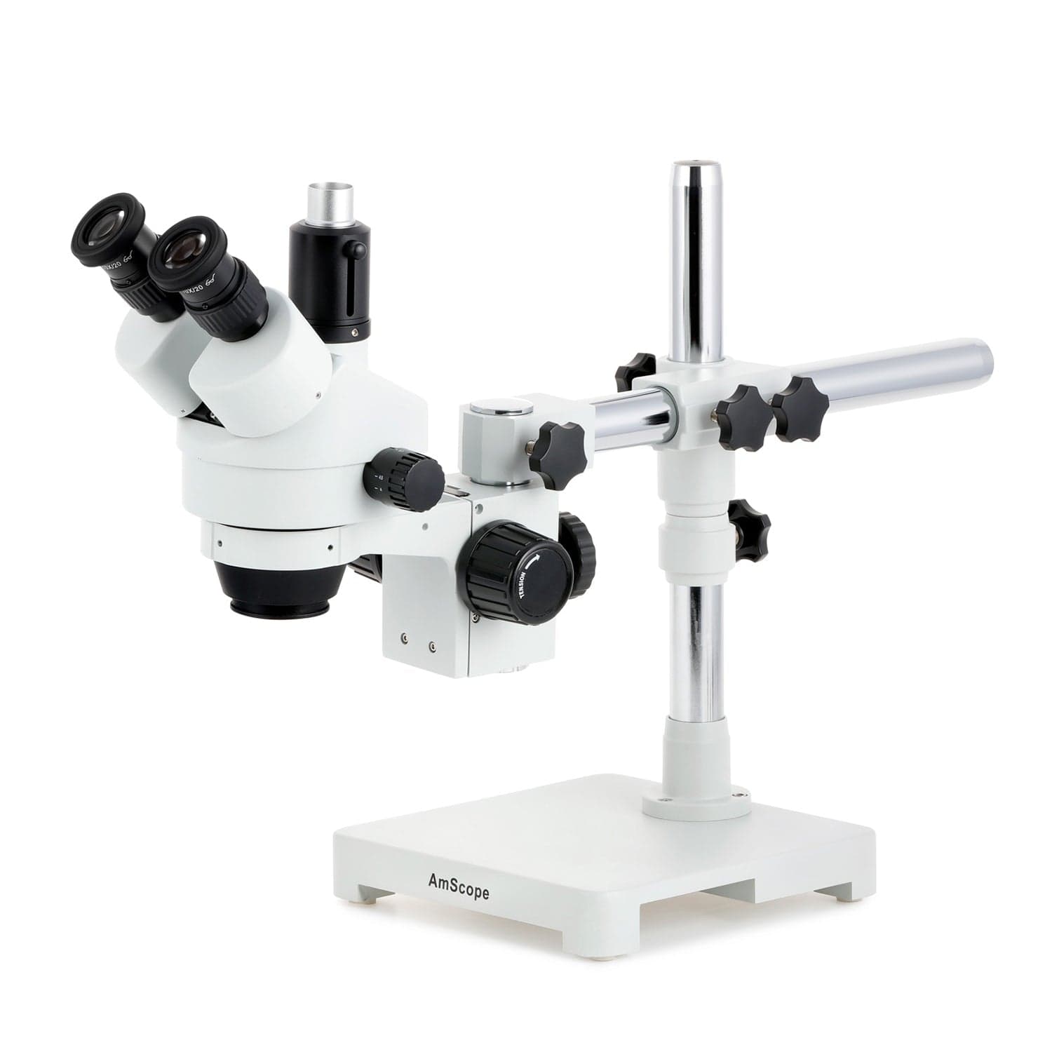 AmScope SM-3 Series Simul-Focal Zoom Trinocular Stereo Microscope with Optional Digital Camera on Single Arm Boom Stand